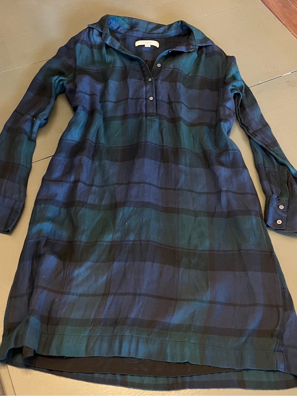 Women’s LOFT Long-Sleeve Plaid Shirt Dress in Navy and Green